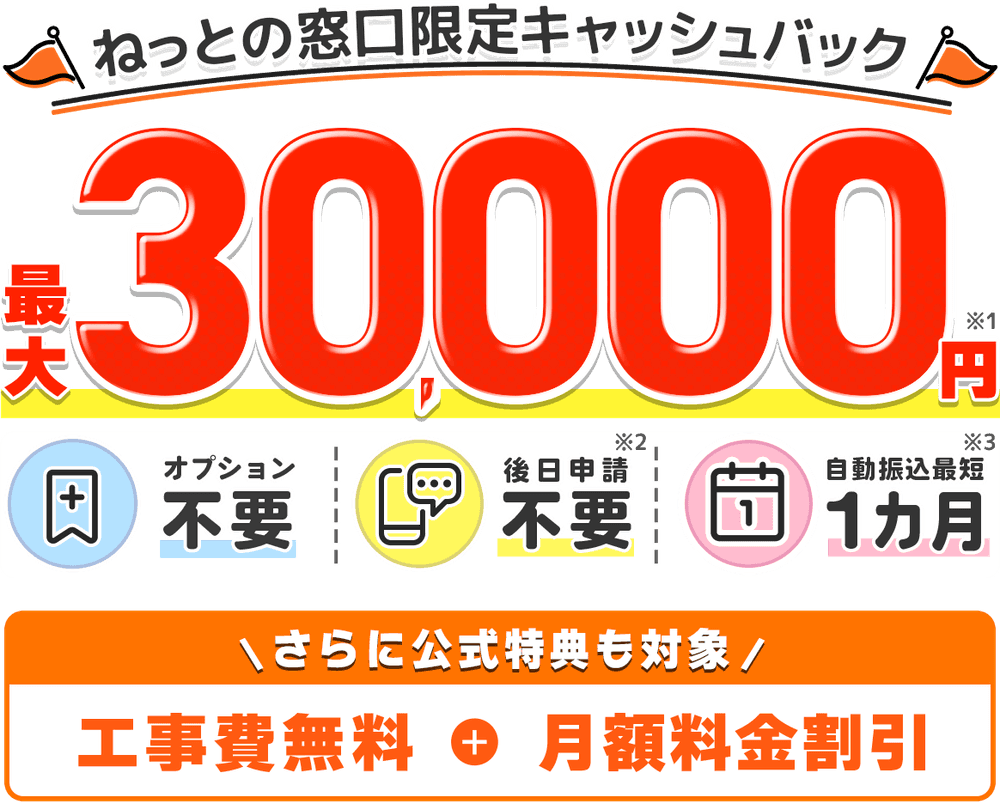 ねっとの窓口限定キャッシュバック最大30,000円！オプション不要・後日申請不要・自動振込み最短1カ月！