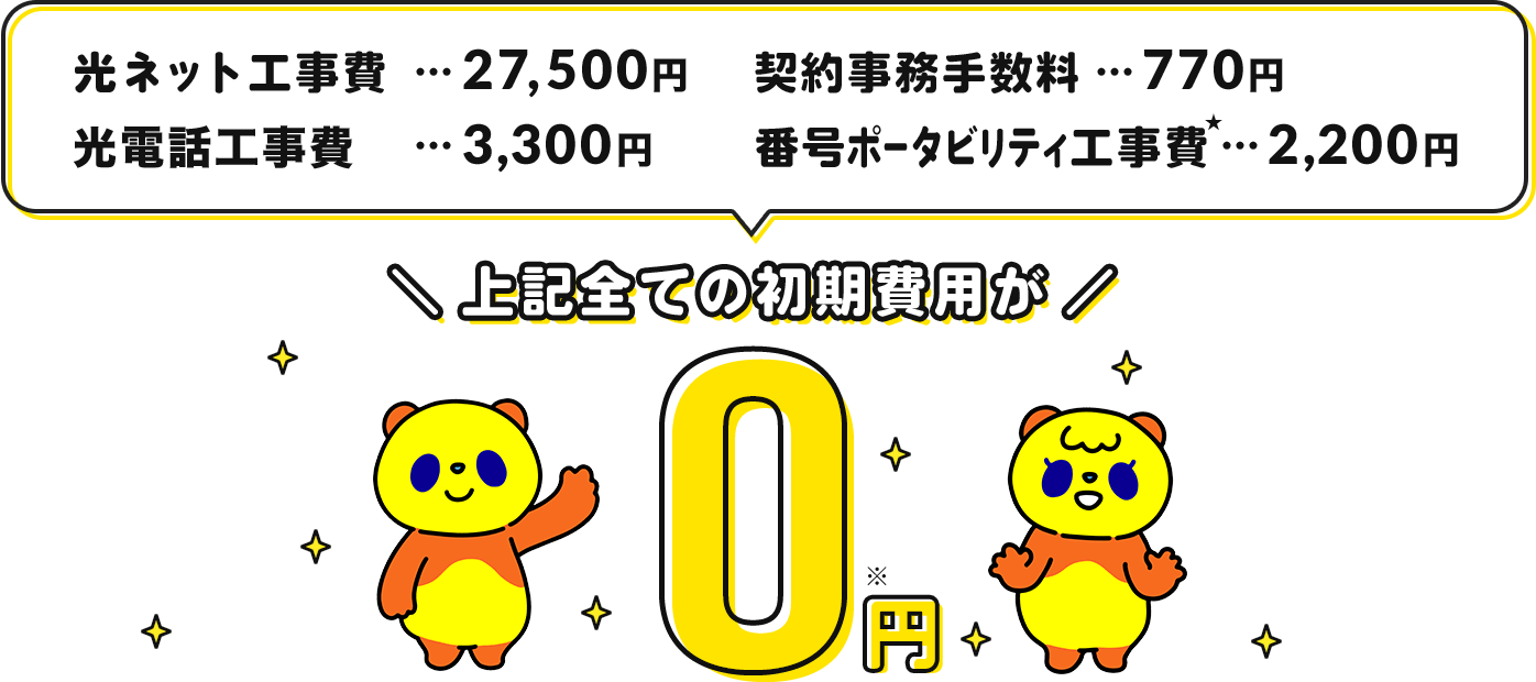光ネット工事費…27,500円 光電話工事費…3,300円 番号ポータビリティ工事費…2,200円 契約事務手数料…770円 上記全ての初期費用が0円