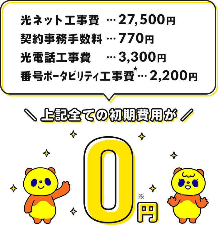 光ネット工事費…27,500円 光電話工事費…3,300円 番号ポータビリティ工事費…2,200円 契約事務手数料…770円 上記全ての初期費用が0円