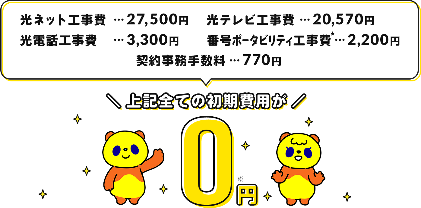 光ネット工事費…27,500円 光テレビ工事費…20,570円 光電話工事費…3,300円 番号ポータビリティ工事費…2,200円 契約事務手数料…770円 上記全ての初期費用が0円